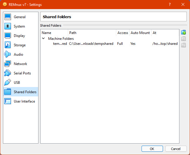 Screenshot of the VirtualBox application in the settings window for a virtual machine in the Shared Folders section