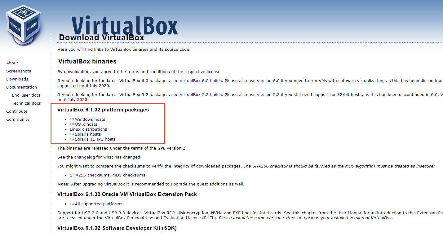 Screenshot of a the virtualbox website with the list of the different platforms to download the tool