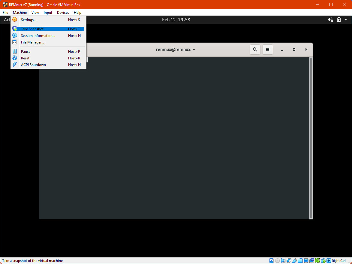 Screenshot of a Virtual Machine in VirtualBox with the Machine menu open and the Take screenshot option highlighted