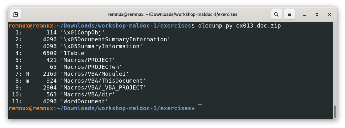 Screenshot of the REMnux terminal window with the output of the oledump.py tool for the file ex013.doc.zip