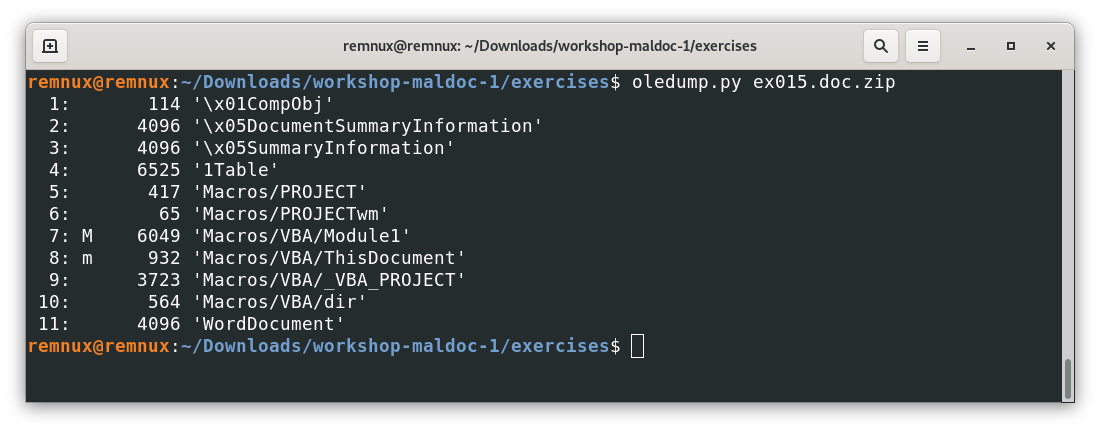 Screenshot of the REMnux terminal window with the output of the oledump.py tool for the file ex015.doc.zip