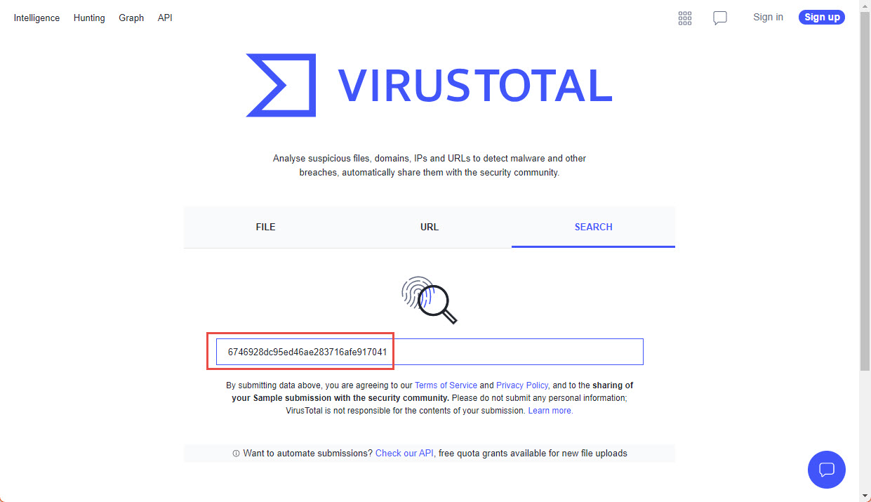 Screenshot of the VirusTotal website highlighting the search bar with a hash text