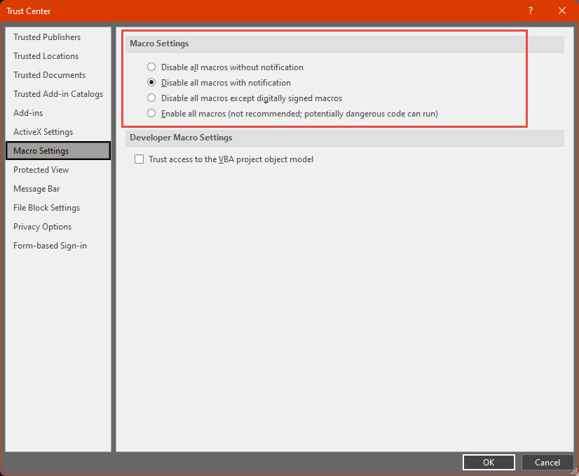 Screenshot of the Microsoft Office configuration window highlighting the options to enable or disable Macros
