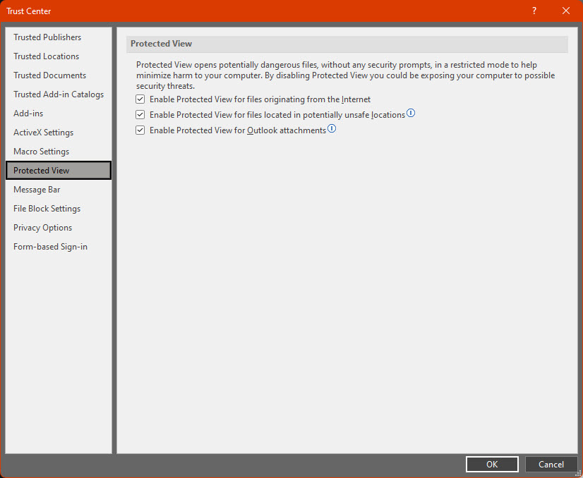 Screenshot of the Microsoft Office configuration window showing the options to enable or disable Protected View