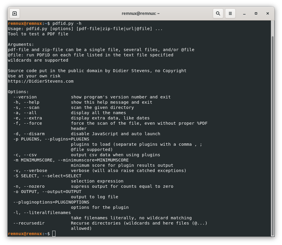 Screenshot of a terminal window with the help command from the pdfid.py tool