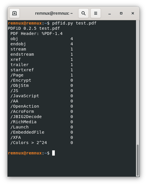 Screenshot of a terminal window with the pdfid.py tool output for the analysis of the test.pdf file