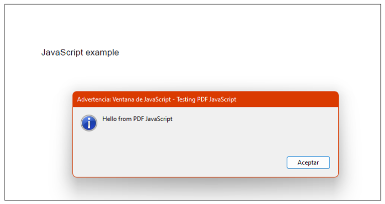 Screenshot of a popup window saying Hello from PDF JavaScript over a PDF document saying JavaScript example