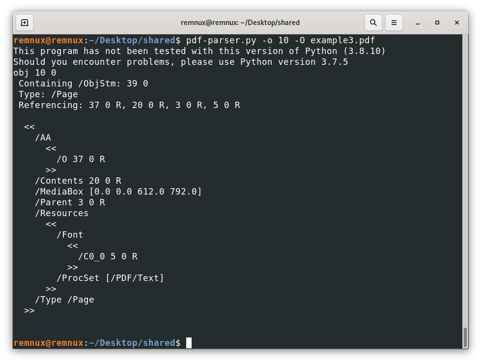 Screenshot of a terminal window with the pdf-parser.py tool output for the analysis of the file example3.pdf and its object 10, showing an AA object type