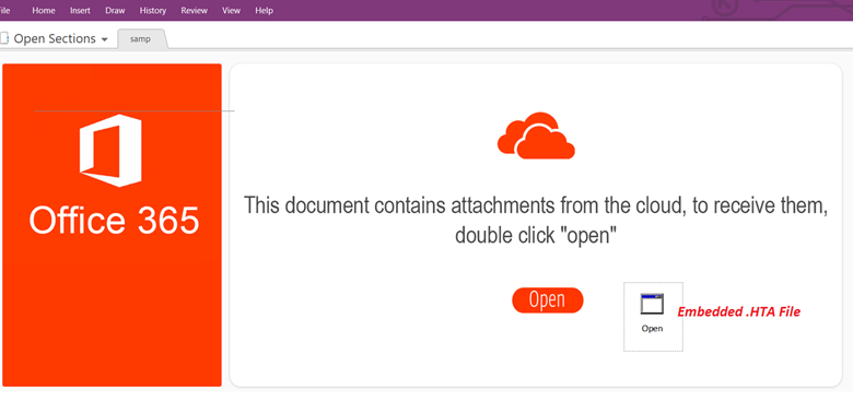 Example of a MS OneNote asking to execute and embedded file