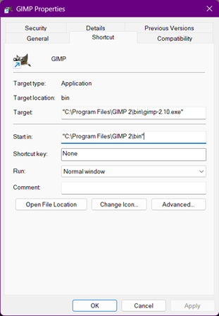 The properties window of the shortcut file to the GIMP program