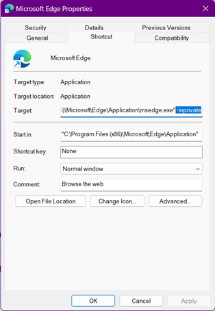 The properties window of a shortcut file to the Edge browser 